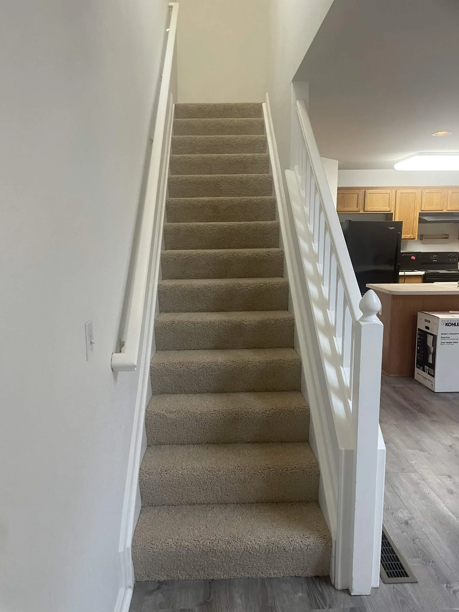 Carpeted staircase with white railing and wood-look flooring at base