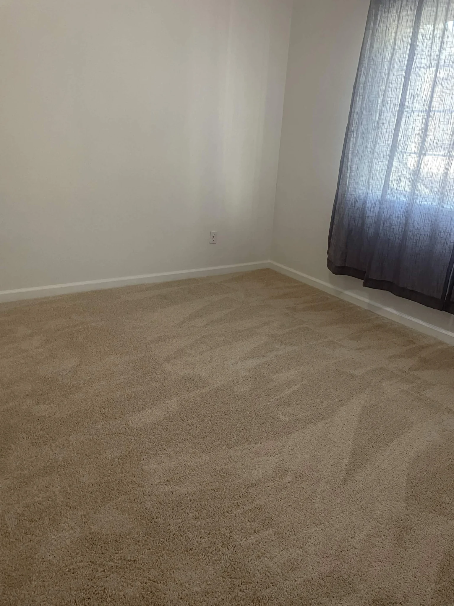Bedroom with new beige carpet installation